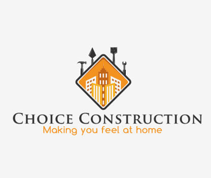 construction logo design with building in rhombus with tools 