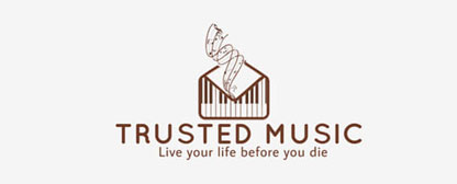 musician logo with piano and music symbols and line art