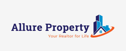 real estate logo with house and buildings in a swoosh 