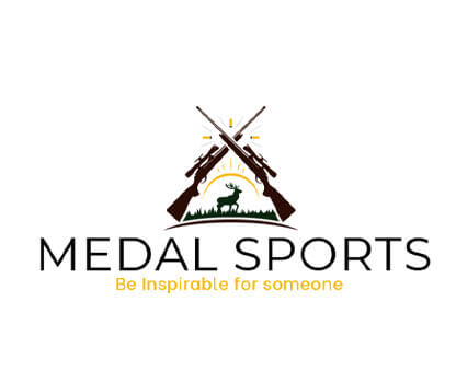 sports logo with two guns and deer in grass with swoosh 
