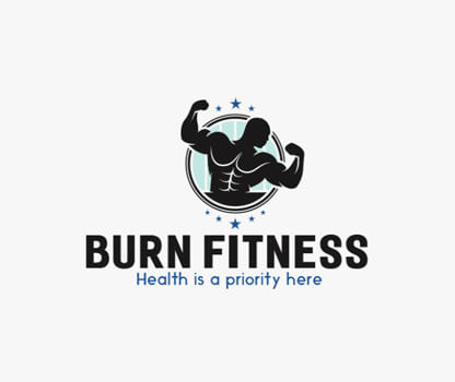 fitness logo with silhouette of bodybuilder in circle with stars 